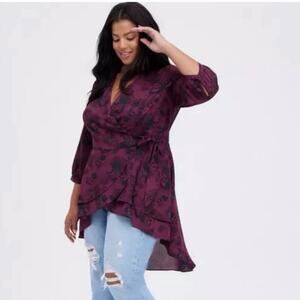 Torrid Skull Floral Georgette Wrap Tunic‎ Top 1X Bones Whimsy Goth Dark Romance